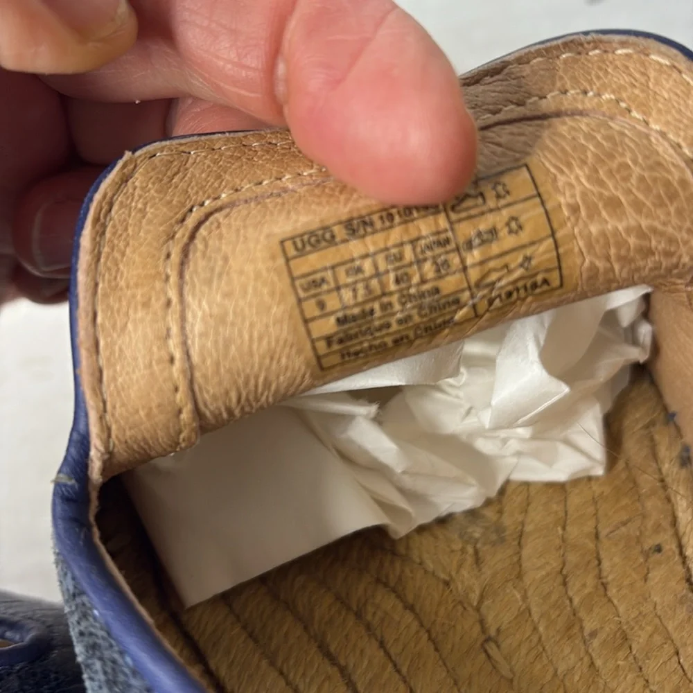 UGG SANDRINNE METALLIC LEATHER BASKET WEAVE BLUE ESPADRILLE